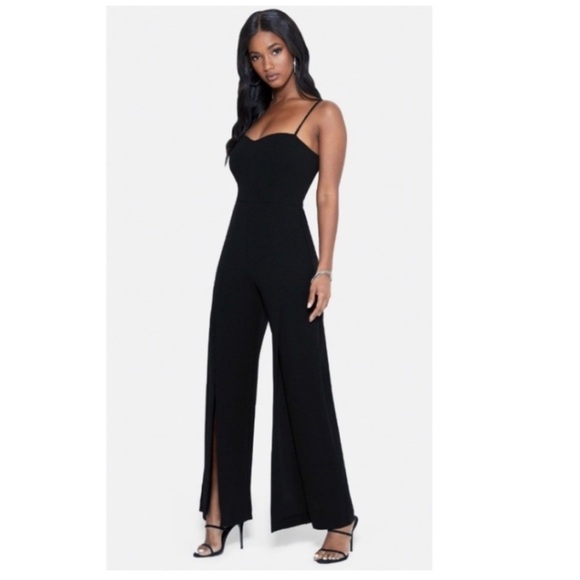 Bebe Open Leg Scuba Jumpsuit in Black. - Picture 2 of 9